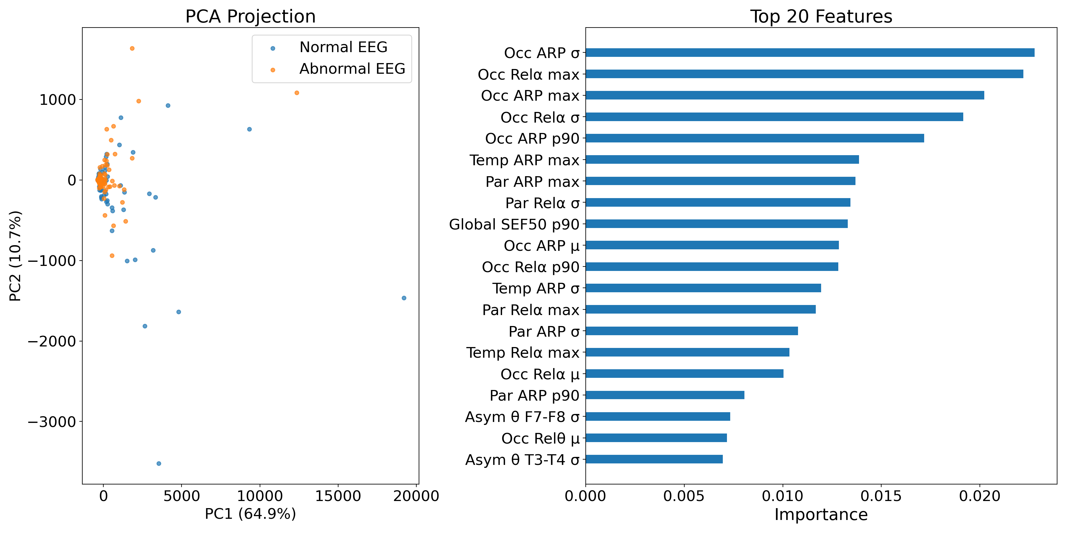 PCA projection of EEG recordings beside a ranked feature importance chart.